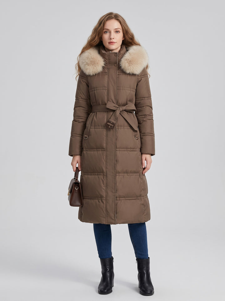 Women's Long Belted Parka with Faux Fur Hood in brown with beige fur