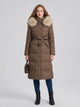 Women's Long Belted Parka with Faux Fur Hood in brown with beige fur