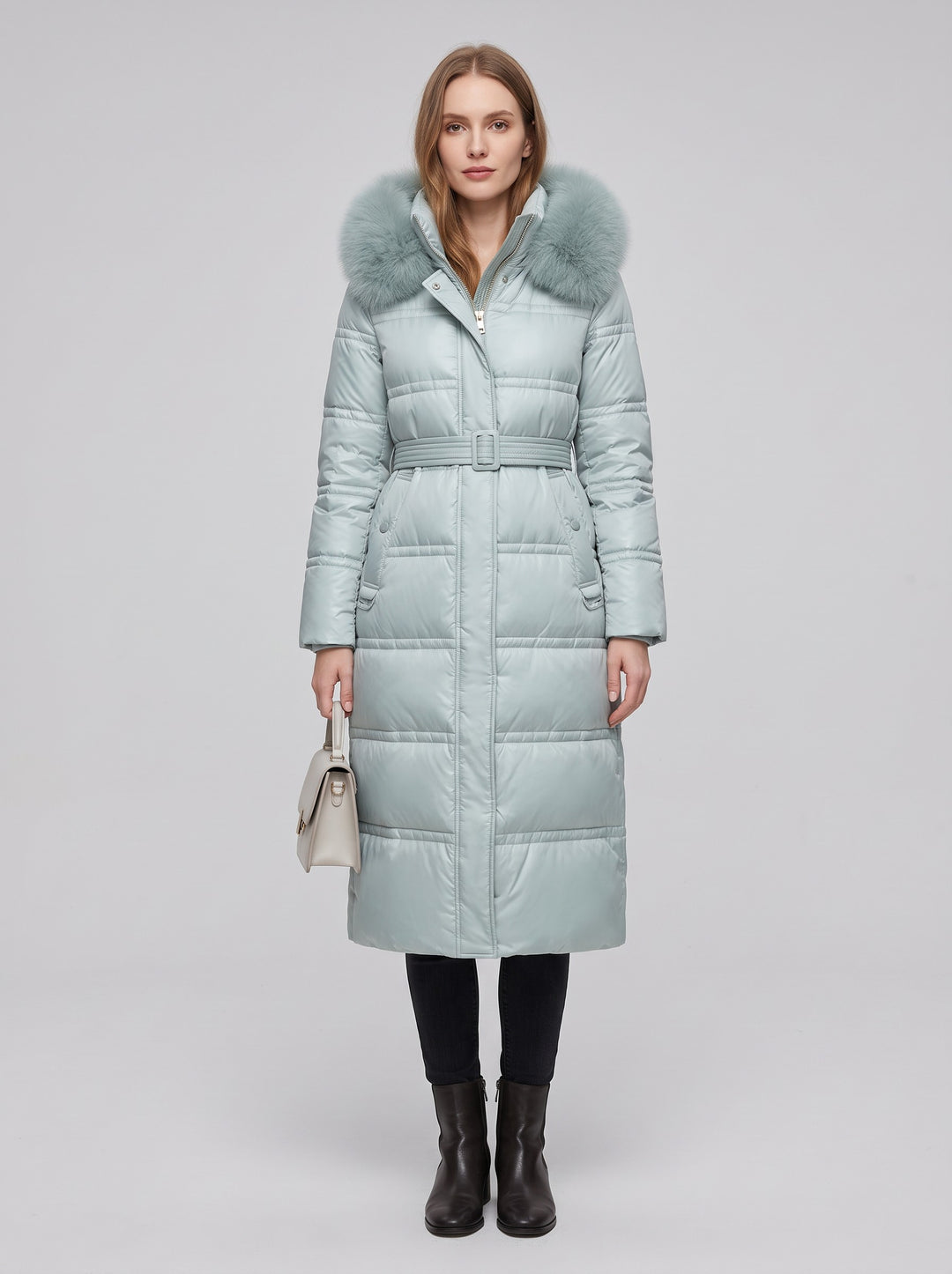Women's Long Belted Parka with Faux Fur Hood in ice blue