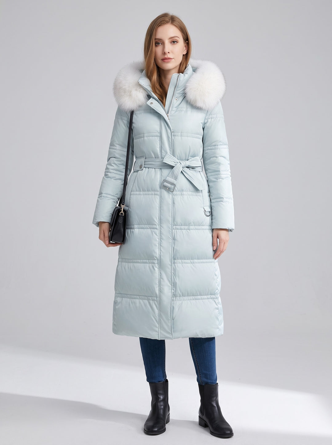 Women's Long Belted Parka with Faux Fur Hood in ice blue with white fur
