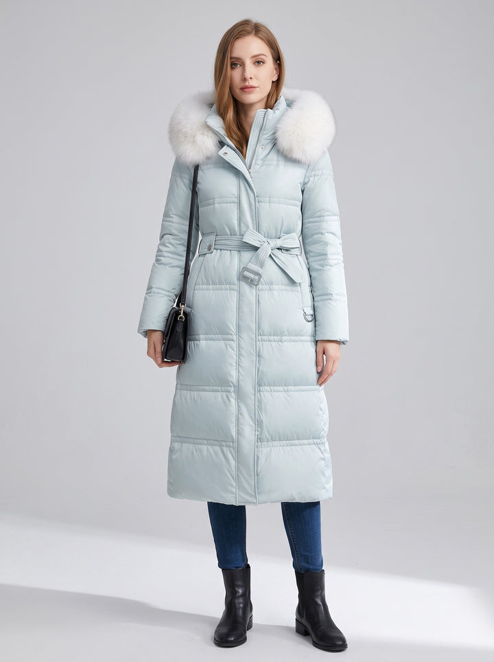 Women's Long Belted Parka with Faux Fur Hood in ice blue with white fur
