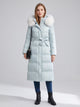 Women's Long Belted Parka with Faux Fur Hood in ice blue with white fur