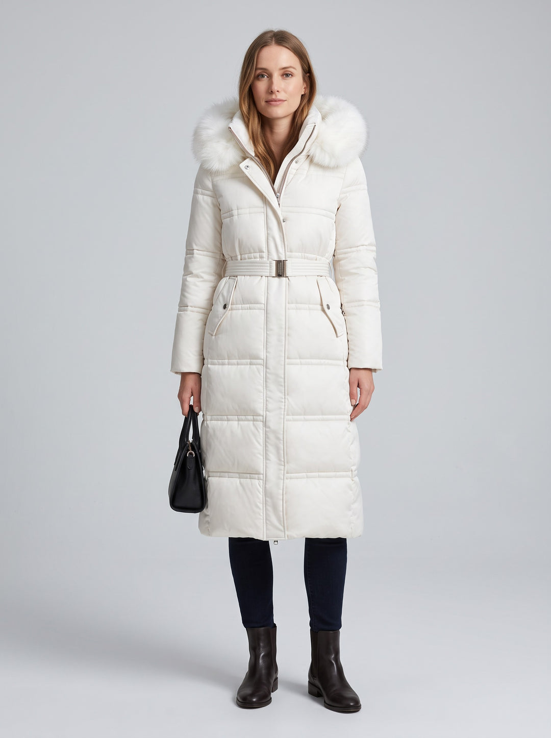 Women's Long Belted Parka with Faux Fur Hood in white