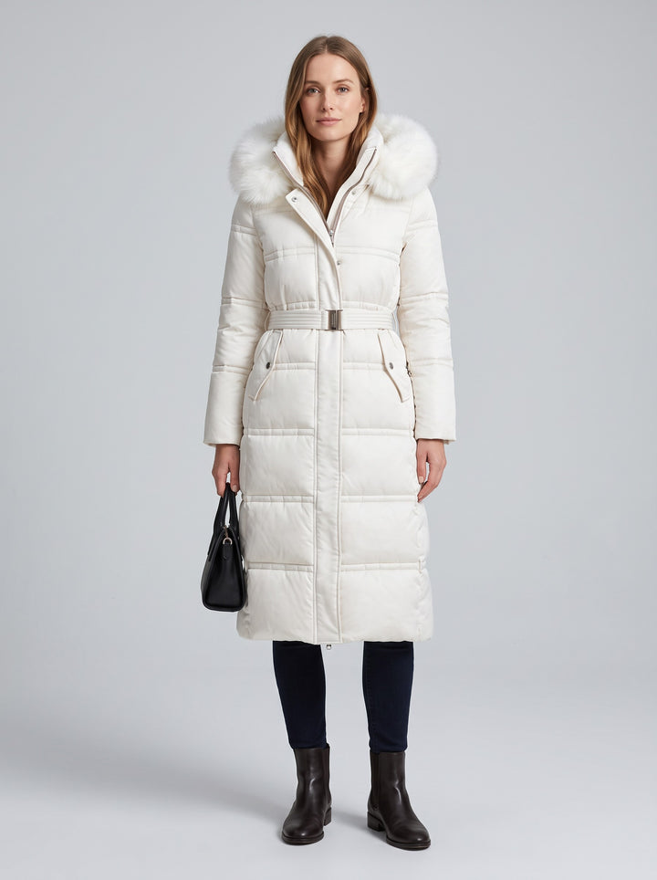 Women's Long Belted Parka with Faux Fur Hood in white