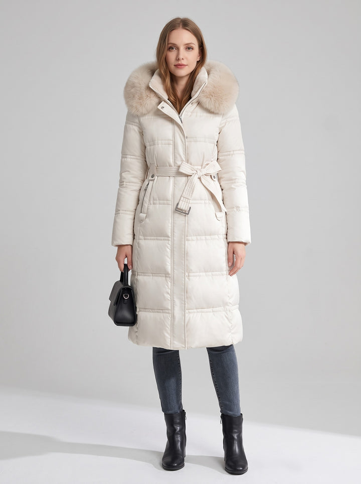 Women's Long Belted Parka with Faux Fur Hood in white with beige fur