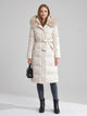 Women's Long Belted Parka with Faux Fur Hood in white with beige fur