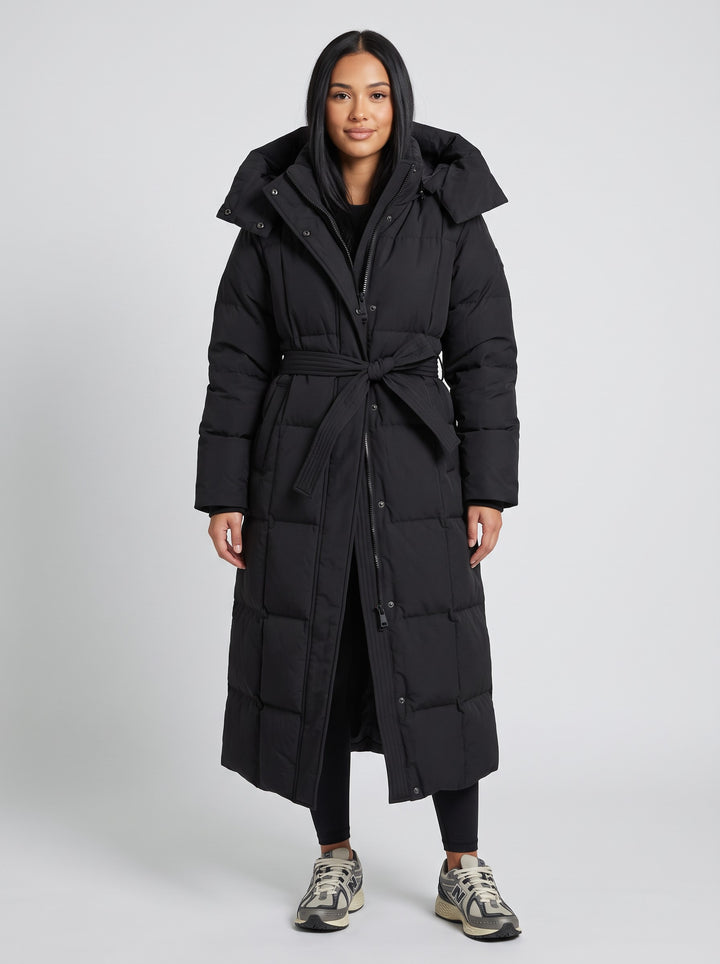 Women's Long Belted Puffer Coat in black