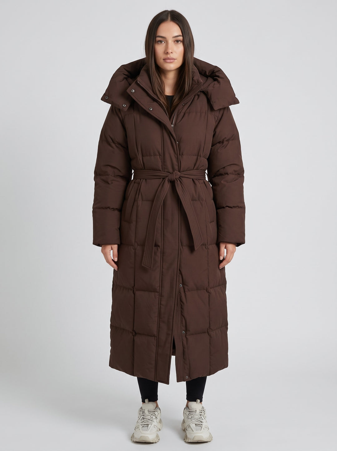 Women's Long Belted Puffer Coat in brown