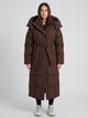 Women's Long Belted Puffer Coat in brown