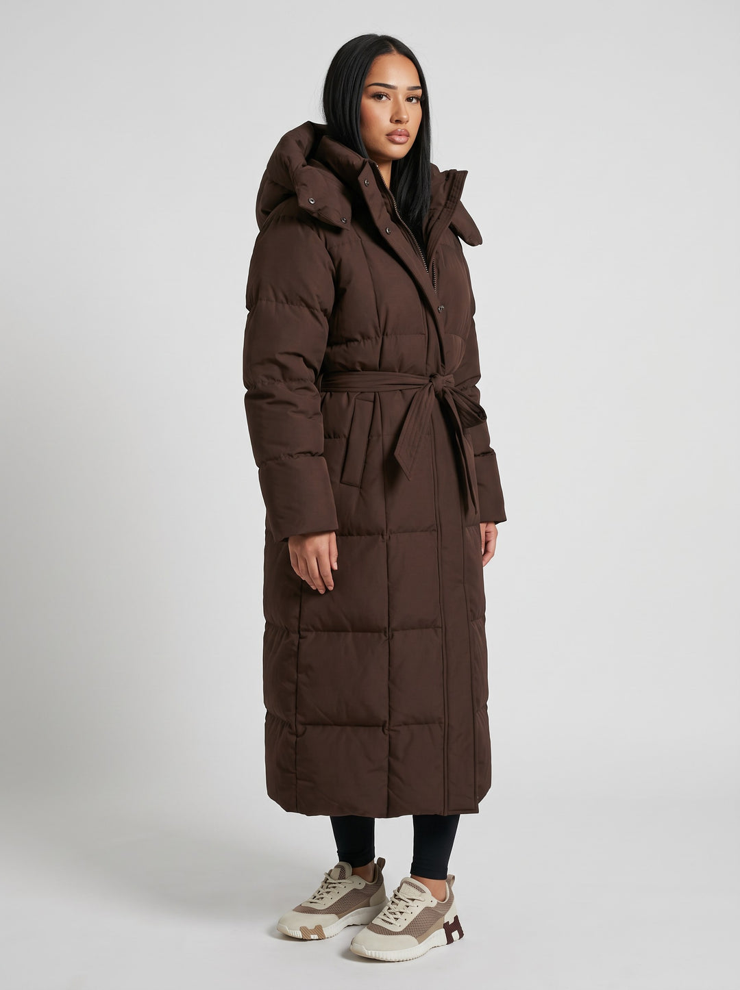 Women's Long Belted Puffer Coat in brown