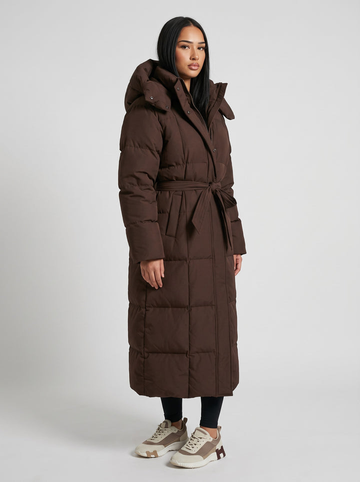 Women's Long Belted Puffer Coat in brown