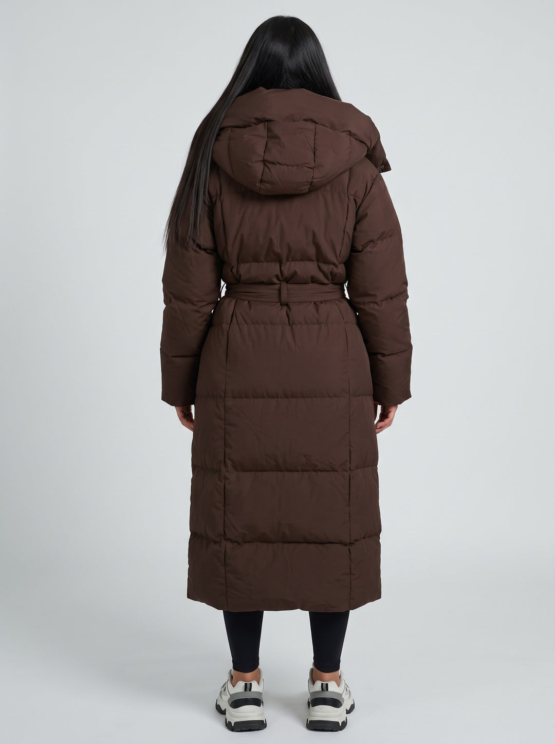 Women's Long Belted Puffer Coat in brown