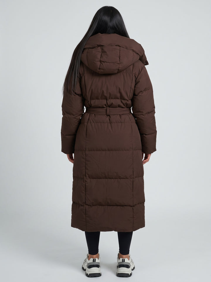 Women's Long Belted Puffer Coat in brown