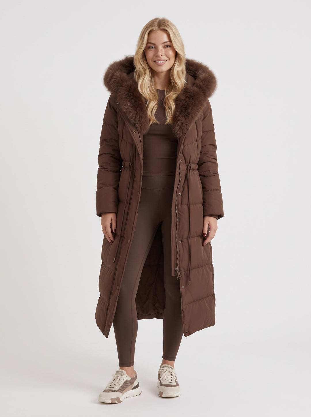 Women's Long Puffer Coat with Faux Fur Hood in brown