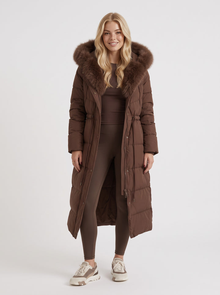 Women's Long Puffer Coat with Faux Fur Hood in brown
