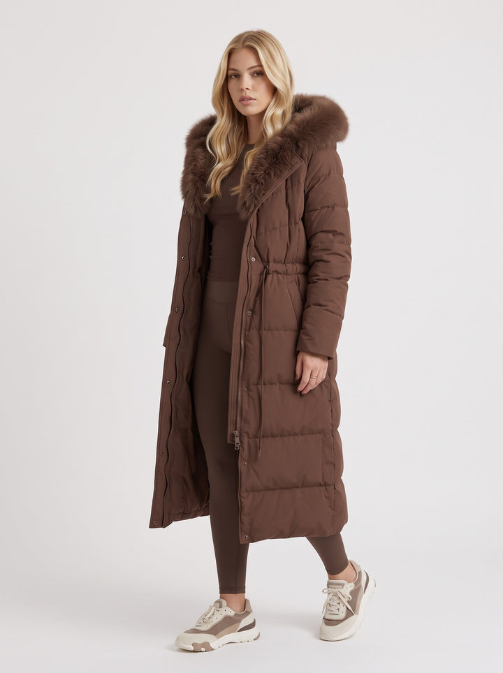 Women's Long Puffer Coat with Faux Fur Hood in brown