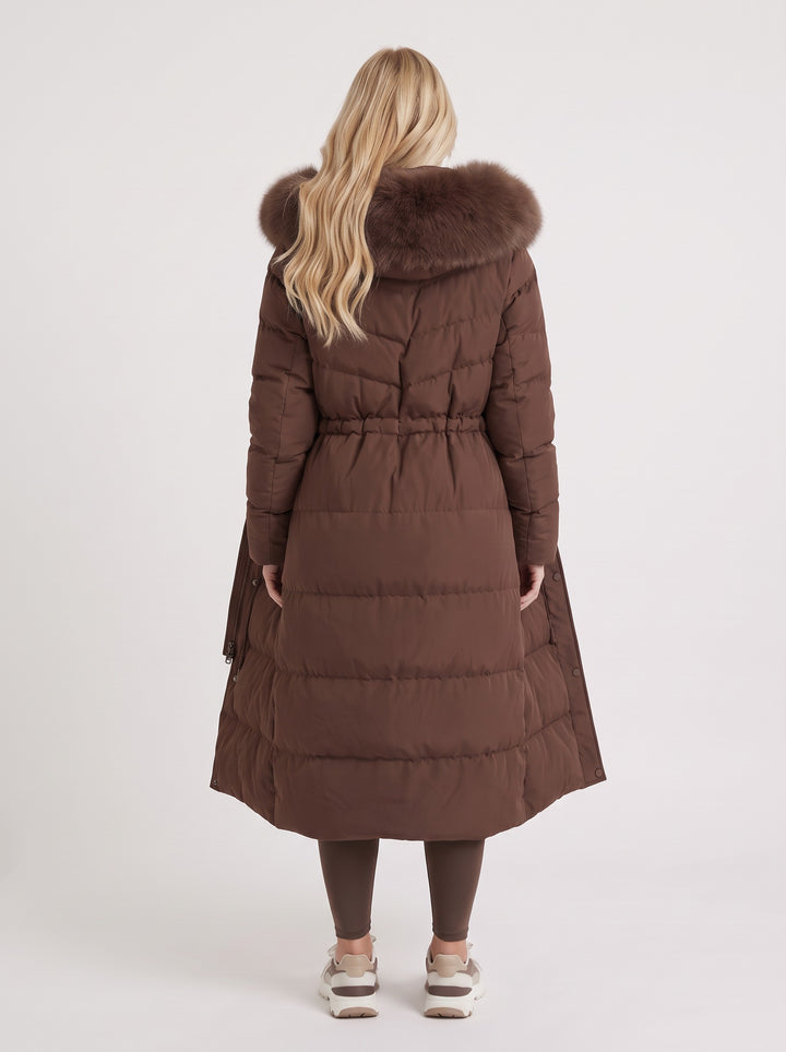 Women's Long Puffer Coat with Faux Fur Hood in brown
