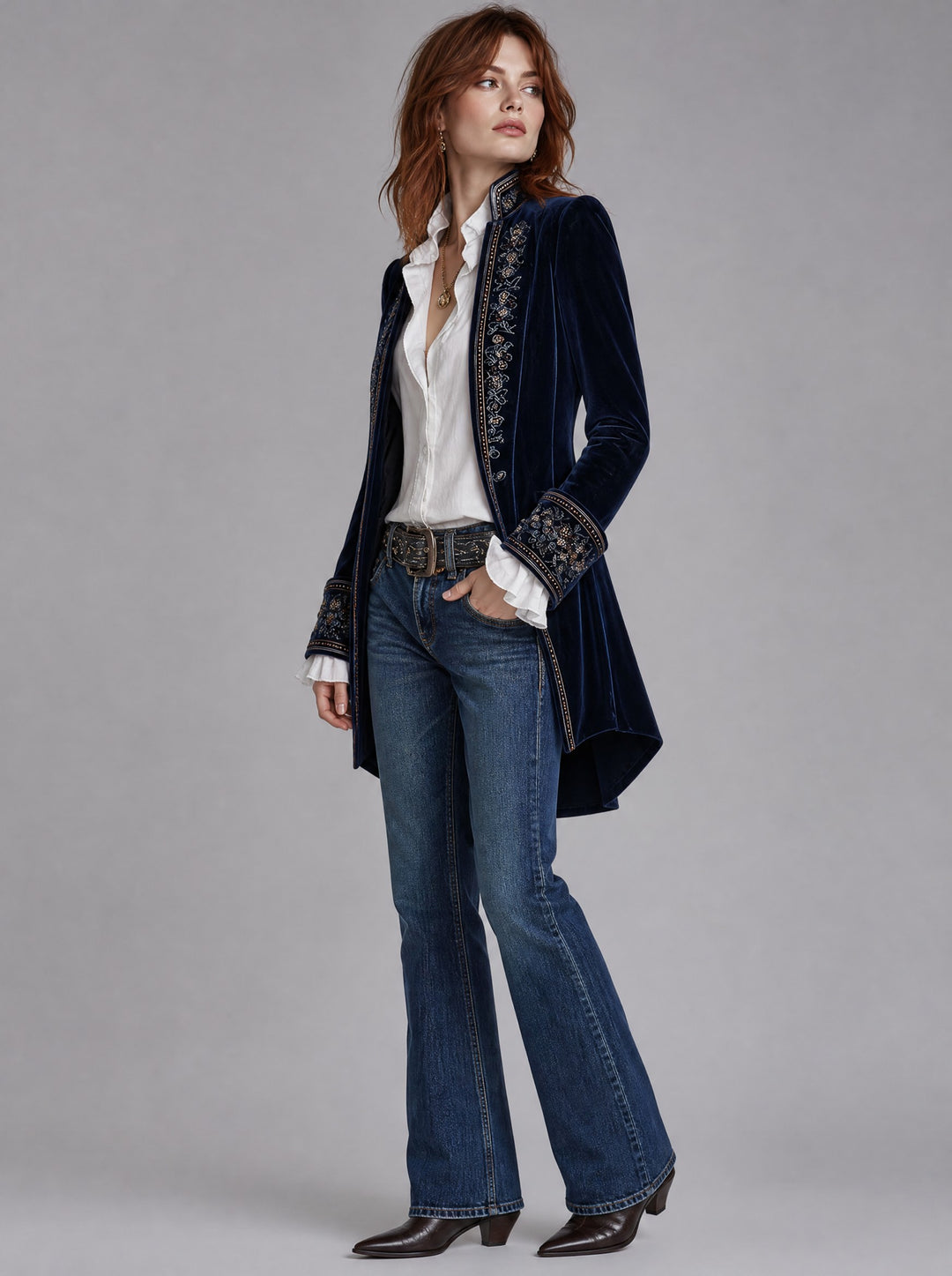 Women's Embroidered Velvet Long Blazer in navy