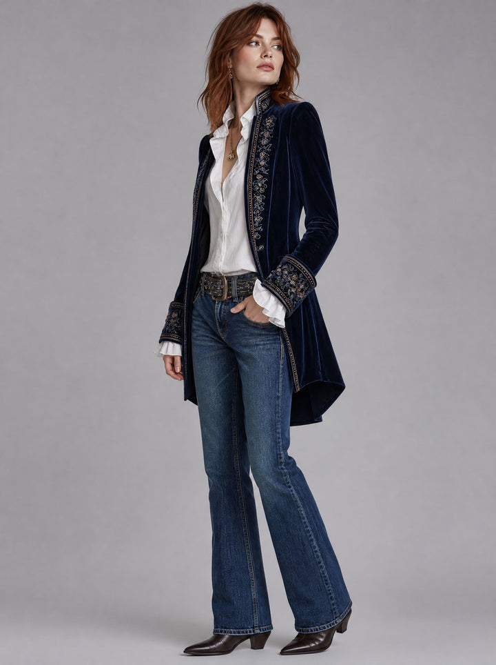 Women's Embroidered Velvet Long Blazer in navy