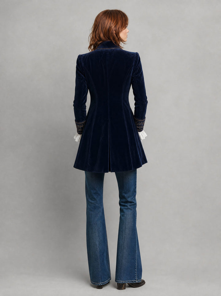 Women's Embroidered Velvet Long Blazer in navy