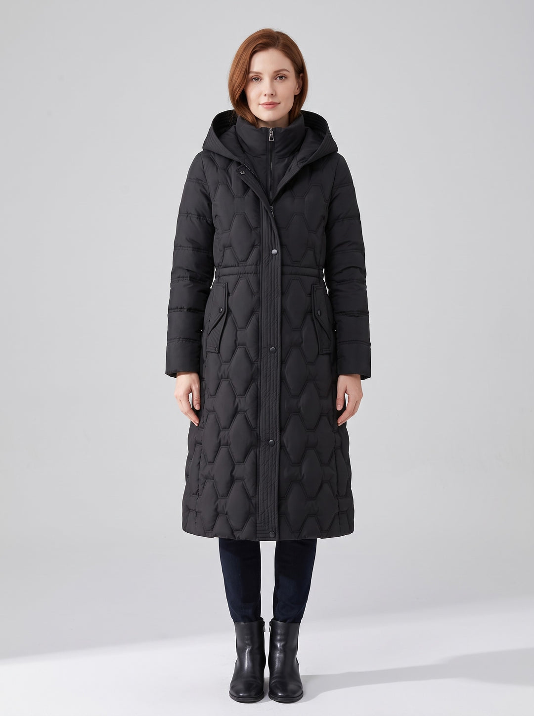 Women's Longline Honeycomb Quilted Hooded Coat in black