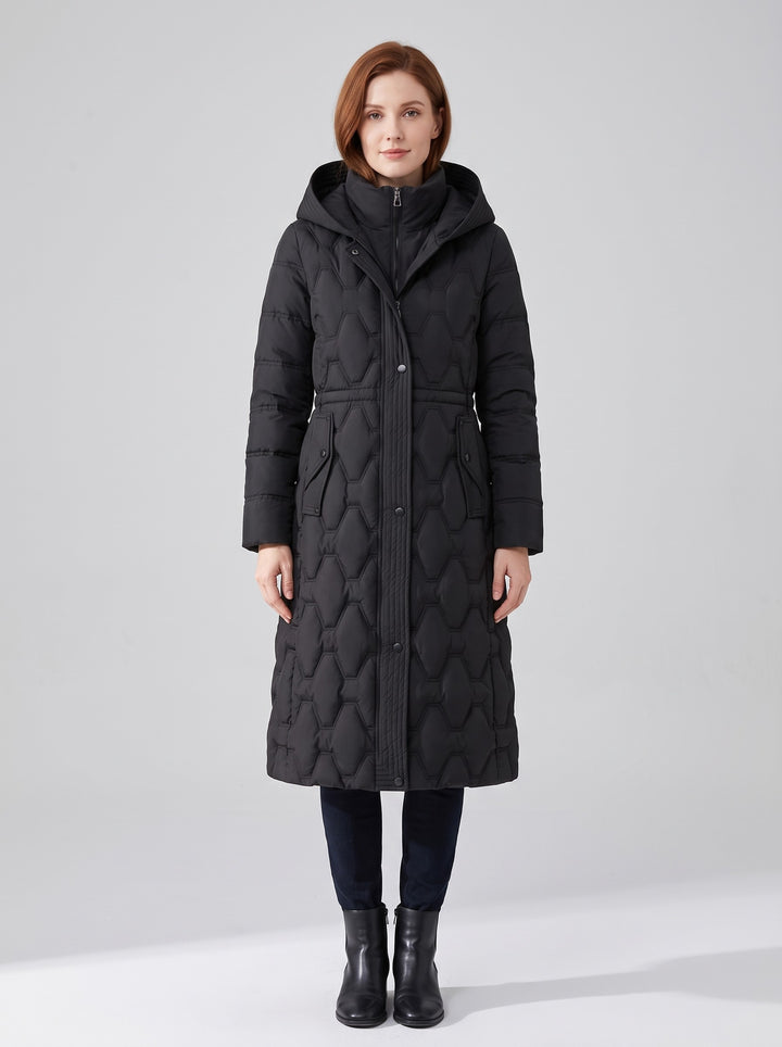 Women's Longline Honeycomb Quilted Hooded Coat in black