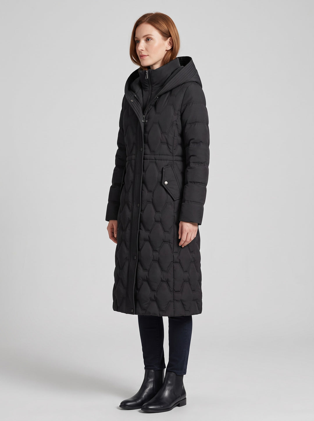 Women's Longline Honeycomb Quilted Hooded Coat in black