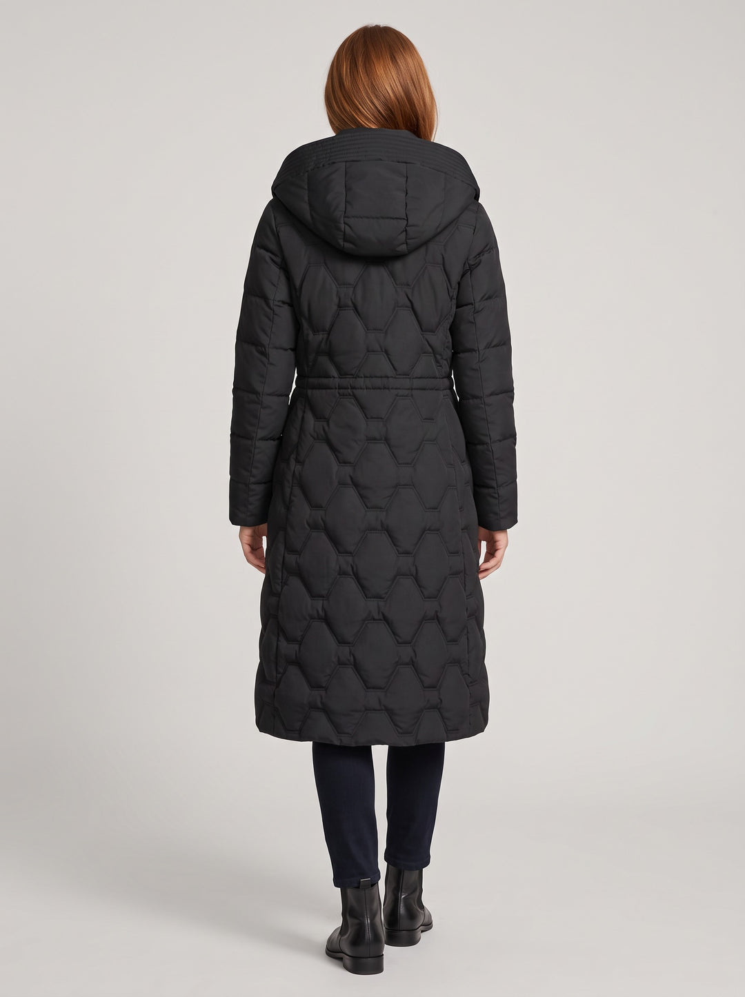 Women's Longline Honeycomb Quilted Hooded Coat in black