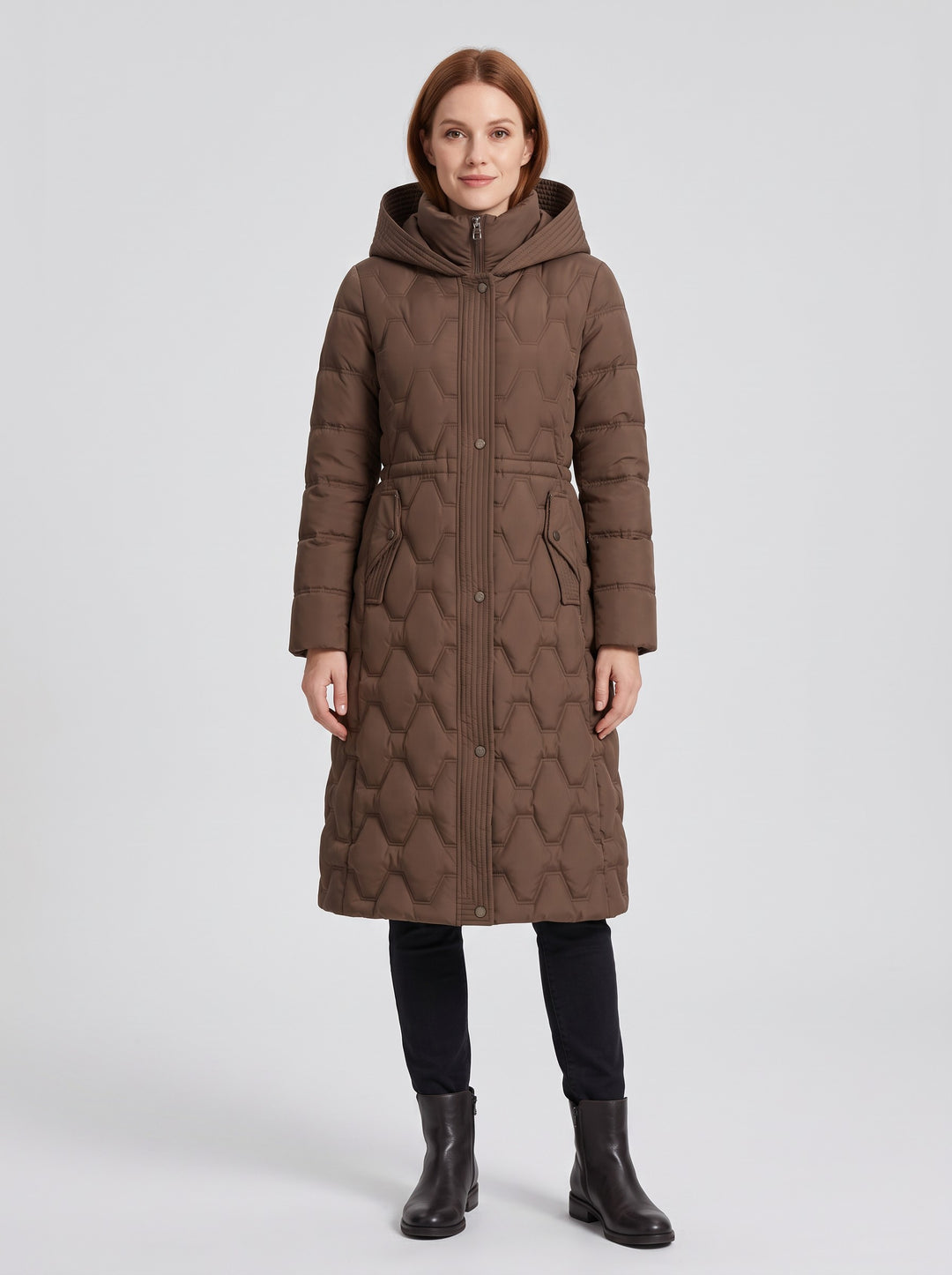 Women's Longline Honeycomb Quilted Hooded Coat in brown