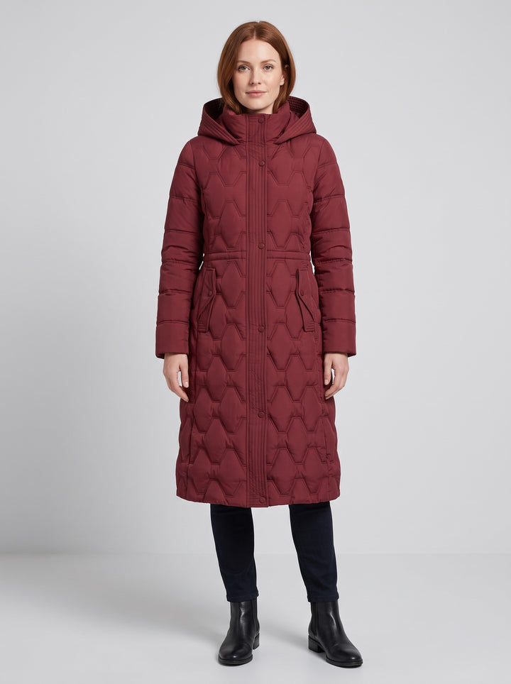 Women's Longline Honeycomb Quilted Hooded Coat in red