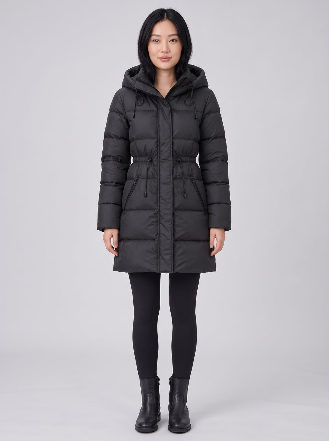 Women's Longline Hooded Puffer Coat in black