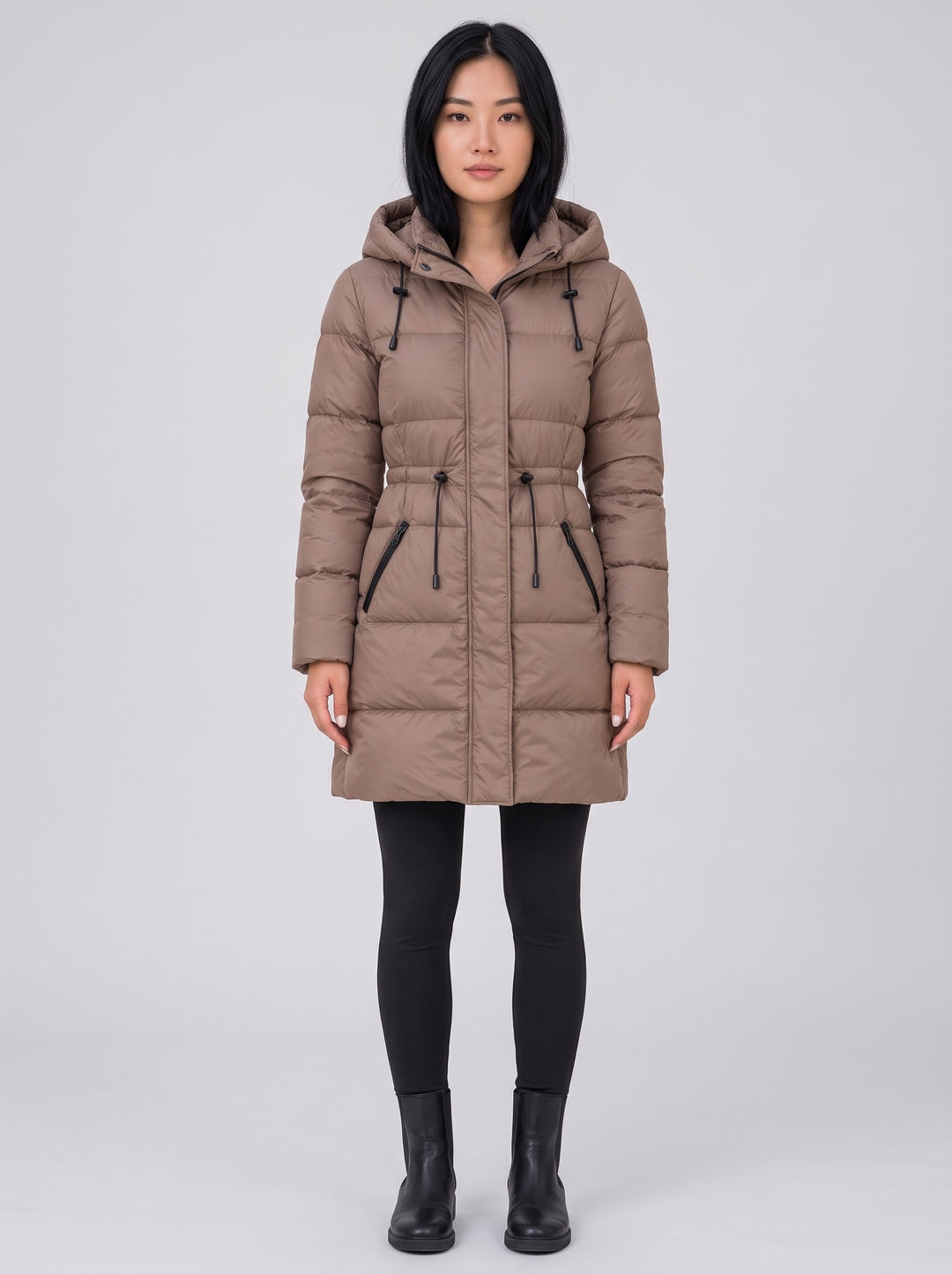 Women's Longline Hooded Puffer Coat in brown