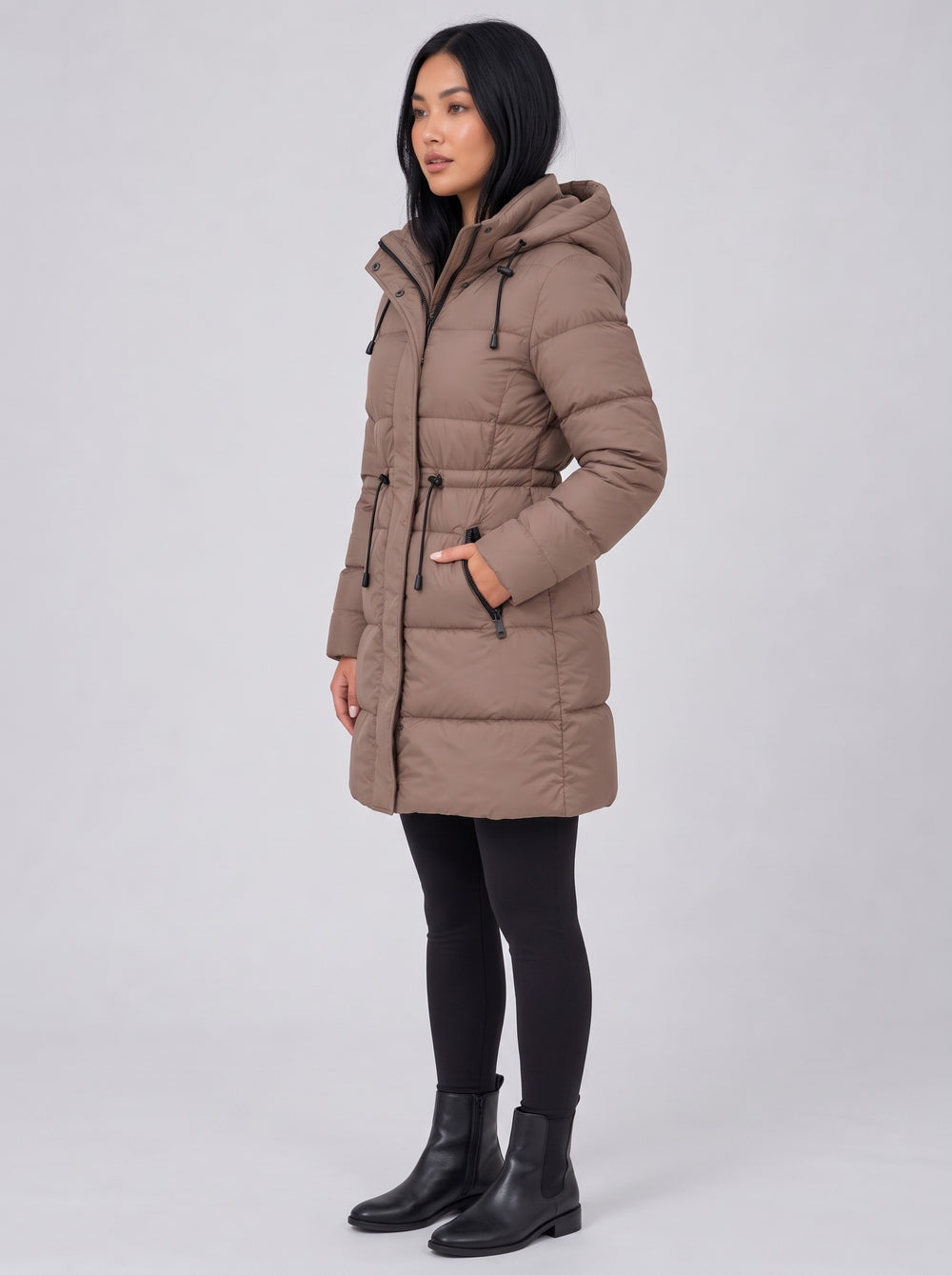 Women's Longline Hooded Puffer Coat in brown
