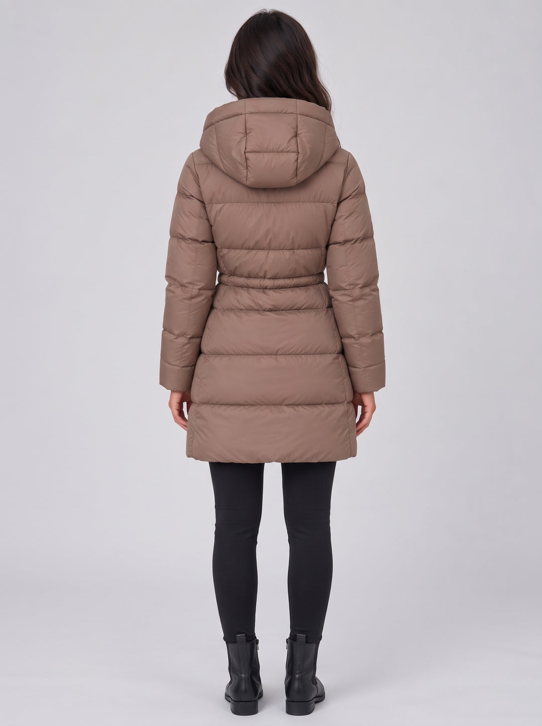 Women's Longline Hooded Puffer Coat in brown