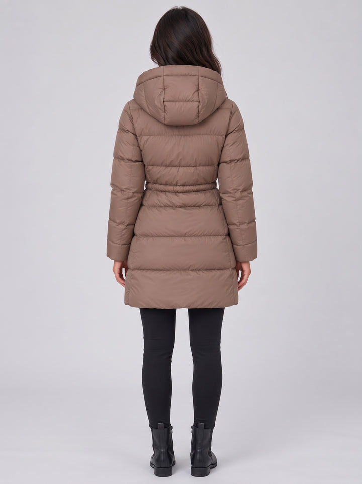 Women's Longline Hooded Puffer Coat in brown