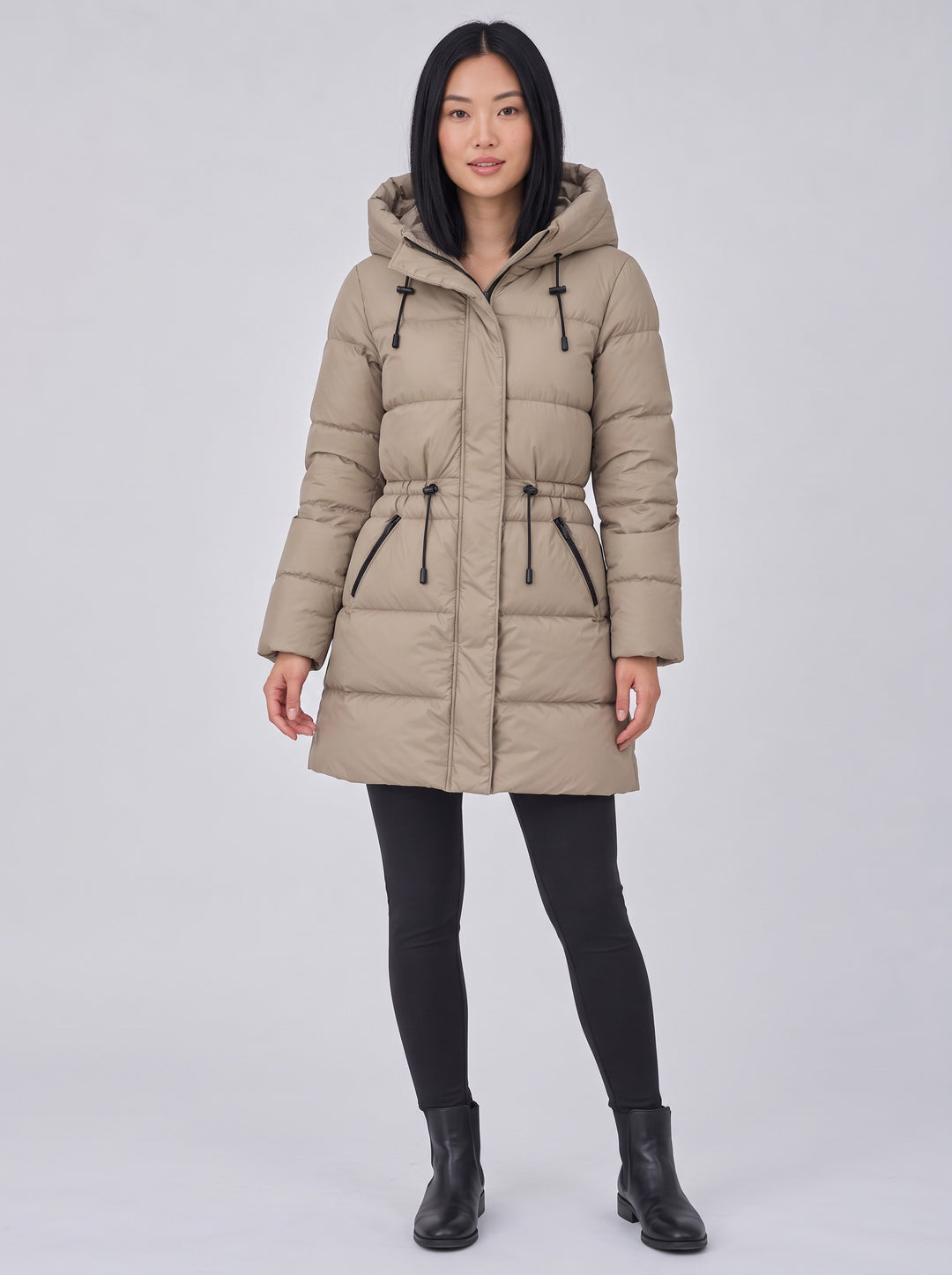 Women's Longline Hooded Puffer Coat in khaki
