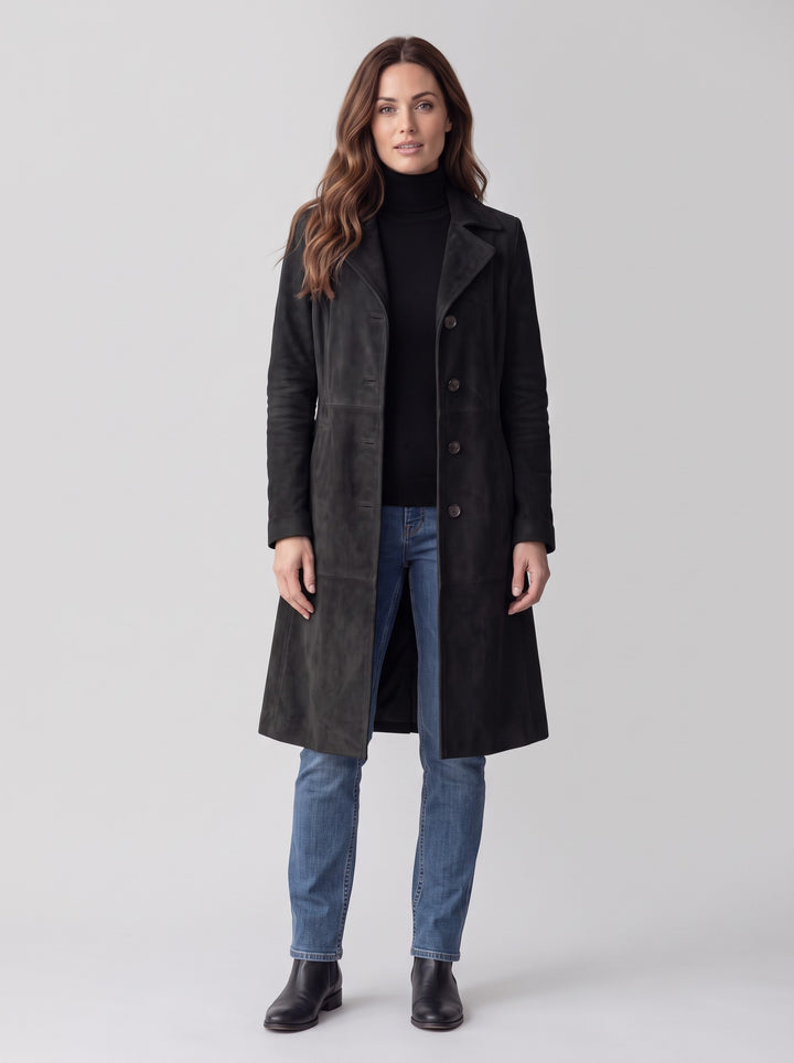Women's Longline Suede-Look Coat in black