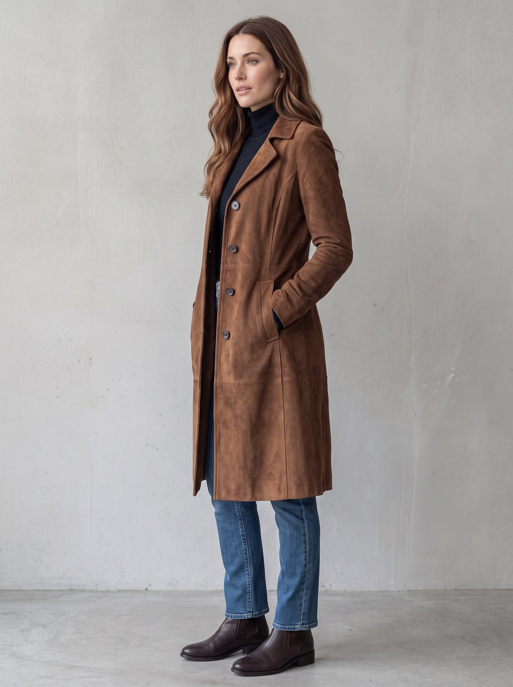 Women's Longline Suede-Look Coat in brown