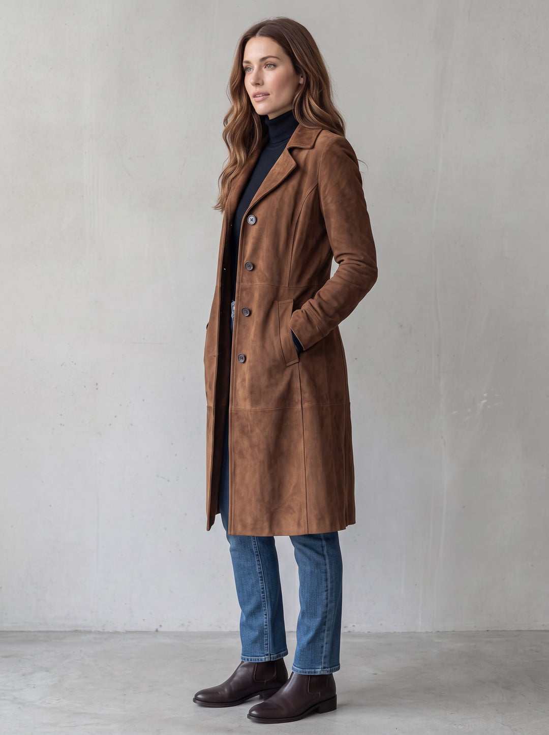 Women's Longline Suede-Look Coat in brown