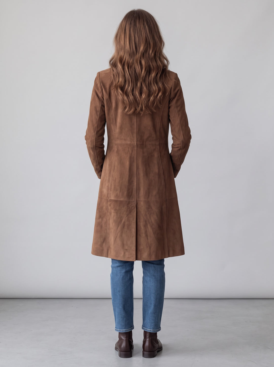 Women's Longline Suede-Look Coat in brown