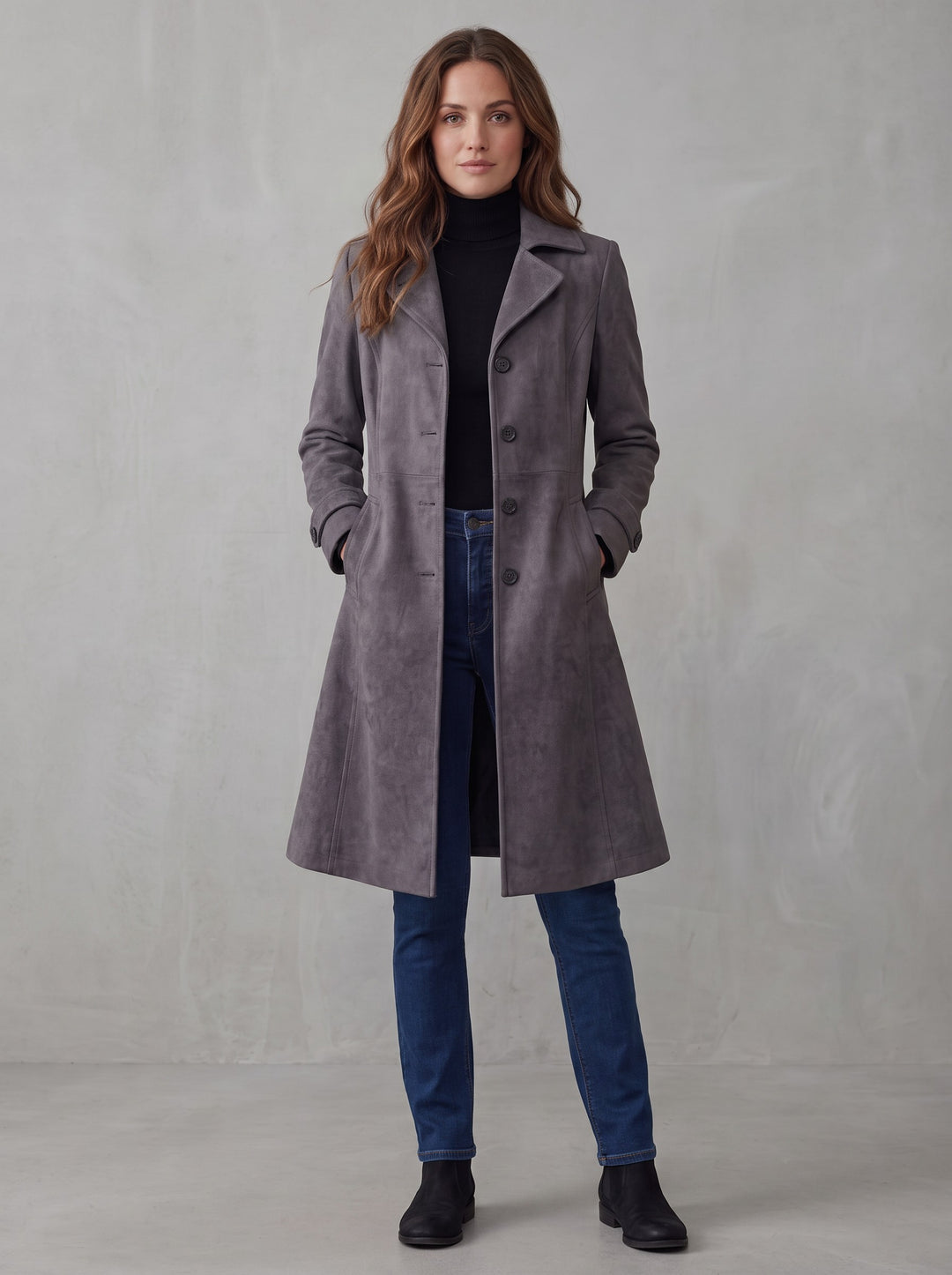Women's Longline Suede-Look Coat in charcoal