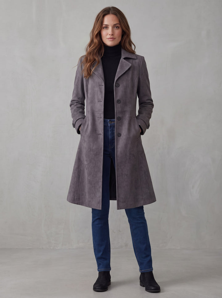 Women's Longline Suede-Look Coat in charcoal