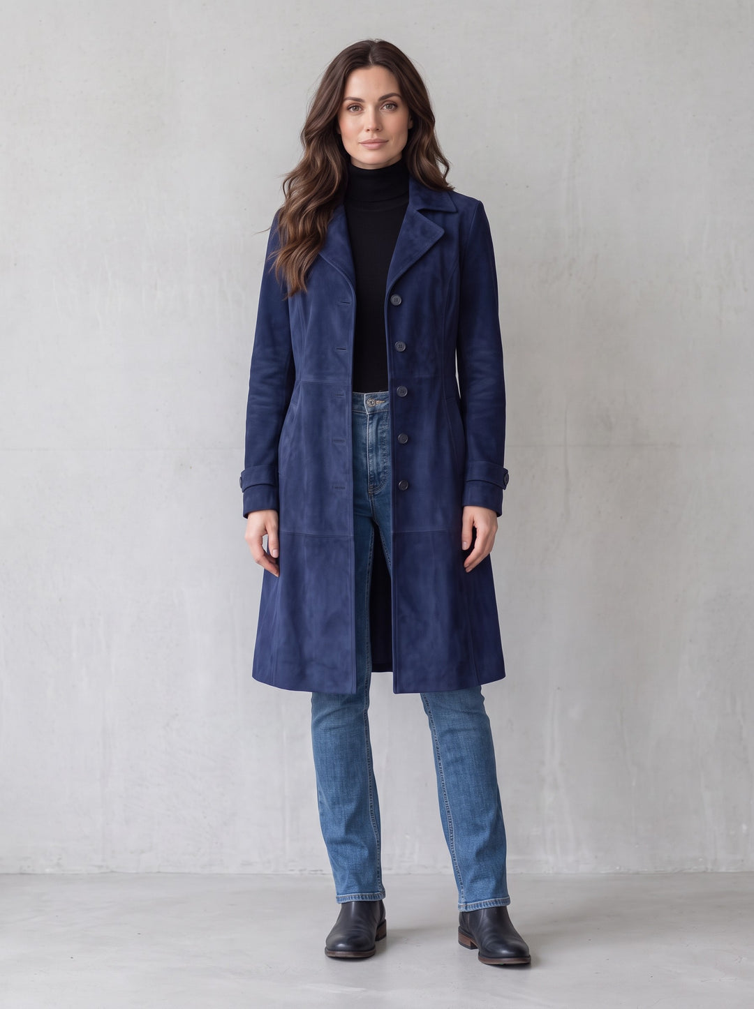 Women's Longline Suede-Look Coat in navy