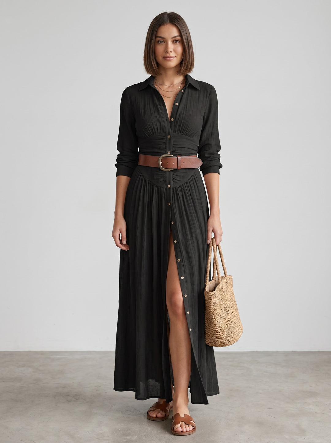 Women's Belted Maxi Shirt Dress in black