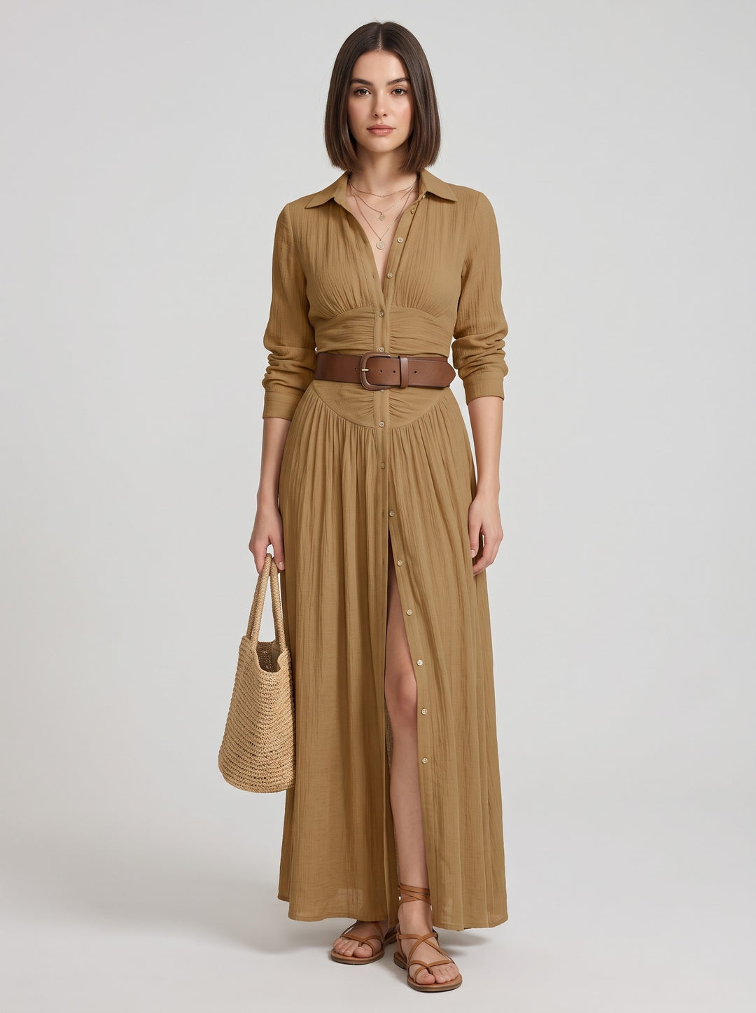 Women's Belted Maxi Shirt Dress in camel