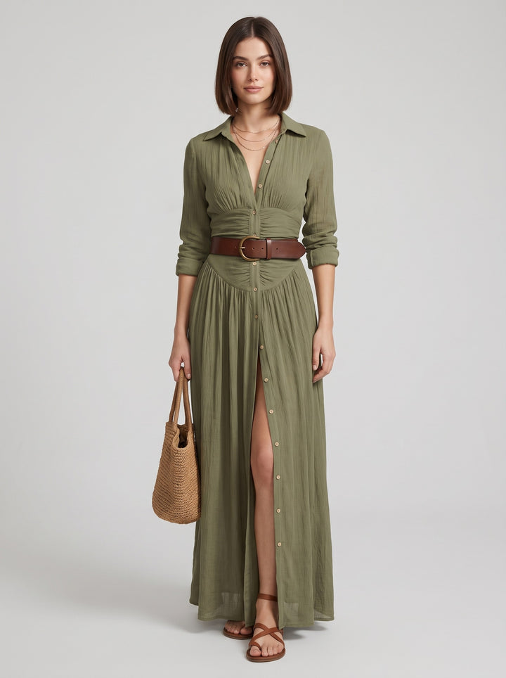 Women's Belted Maxi Shirt Dress in olive green