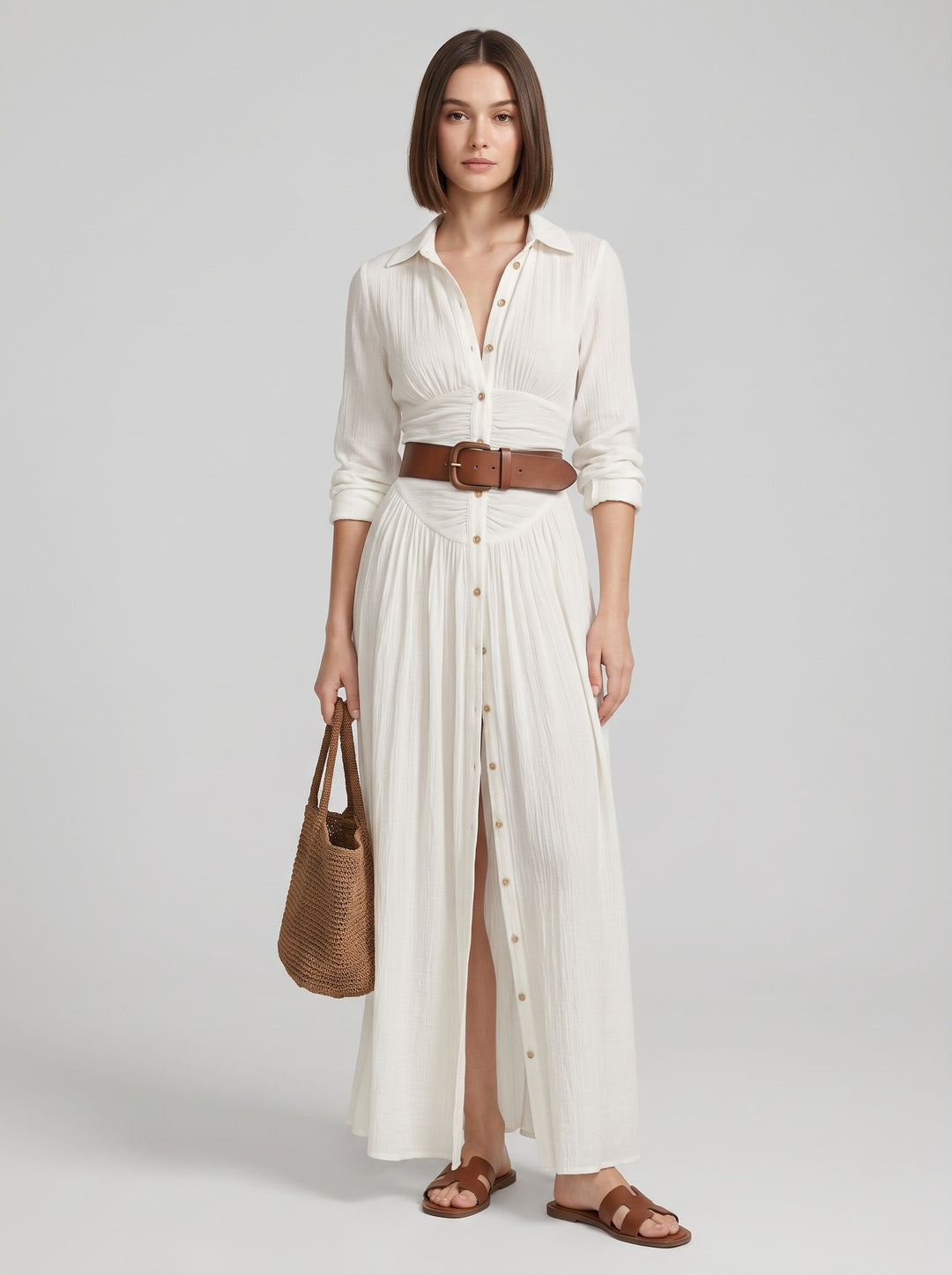 Women's Belted Maxi Shirt Dress in white