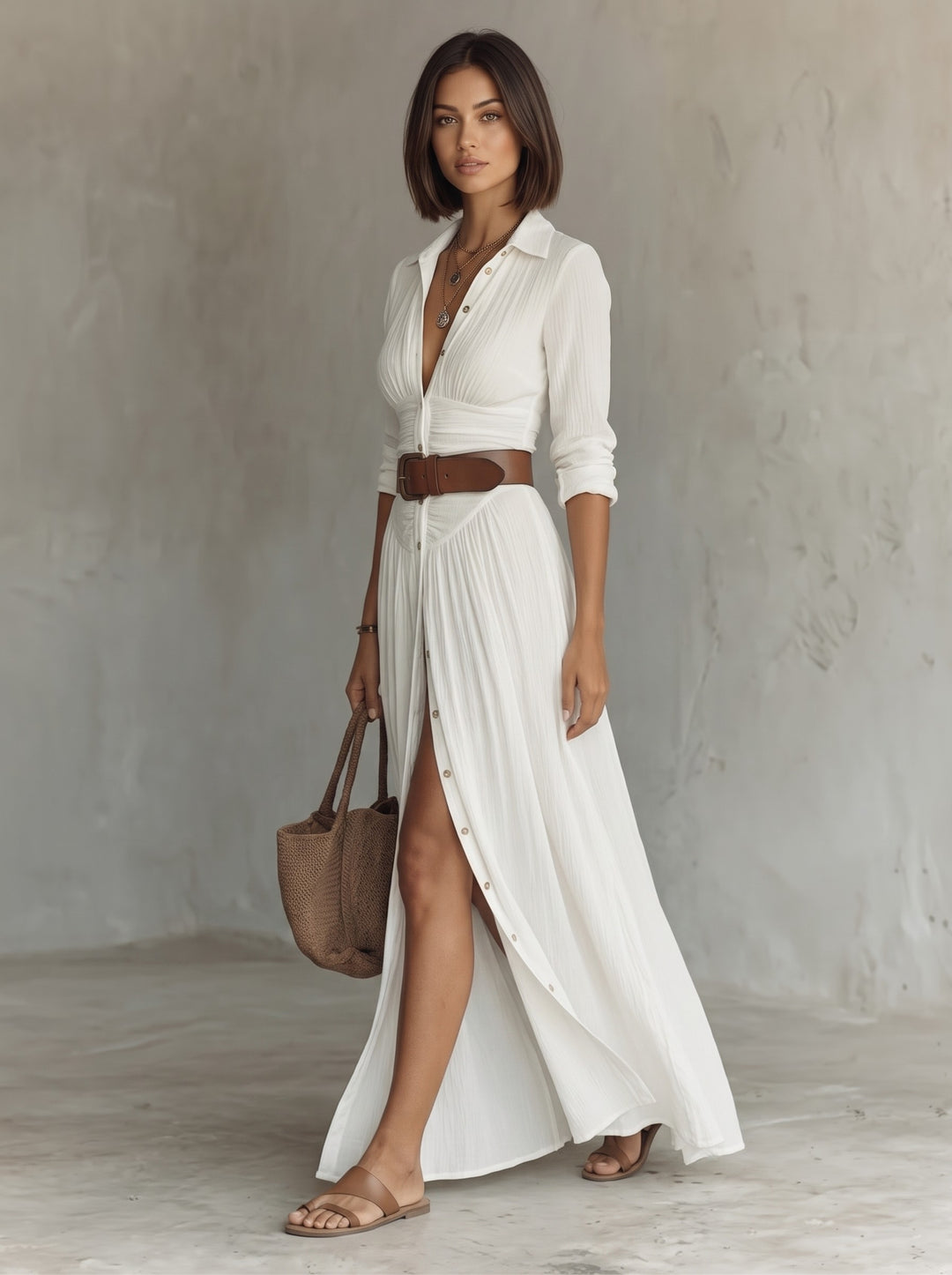 Women's Belted Maxi Shirt Dress in white