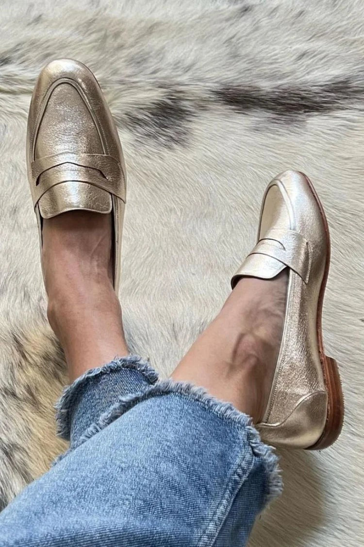Women's gold metallic round toe penny loafers