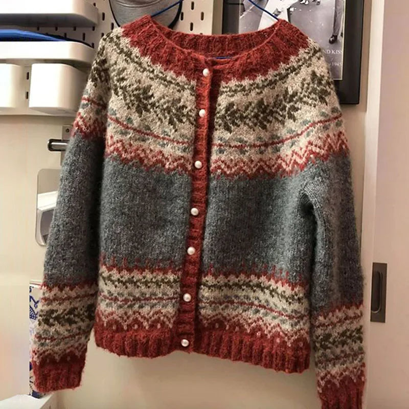 Women's multicoloured Fair Isle pattern cardigan with buttons and long sleeves
